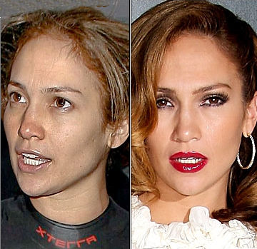 Jennifer Lopez, shown without makeup, then with makeup.